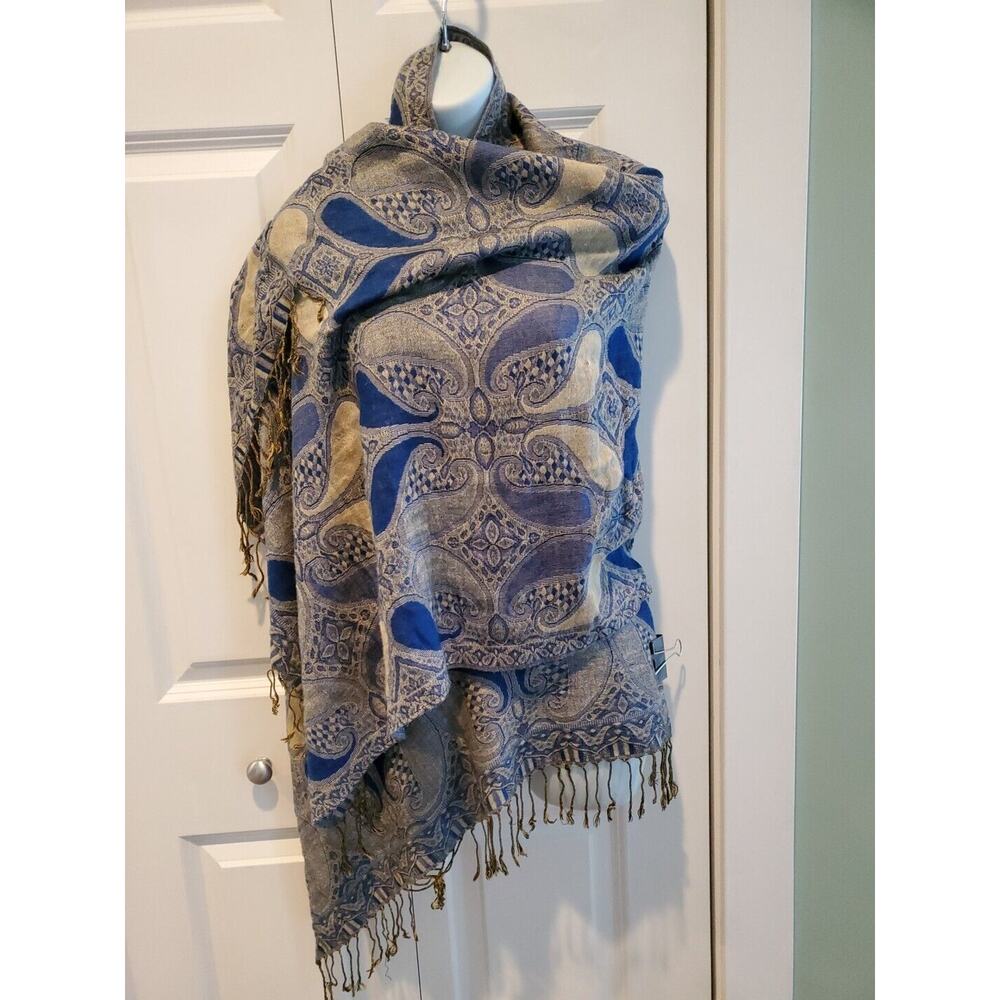 Large Blue/beige Paisley Fringe Scarf 72.5" By 28"